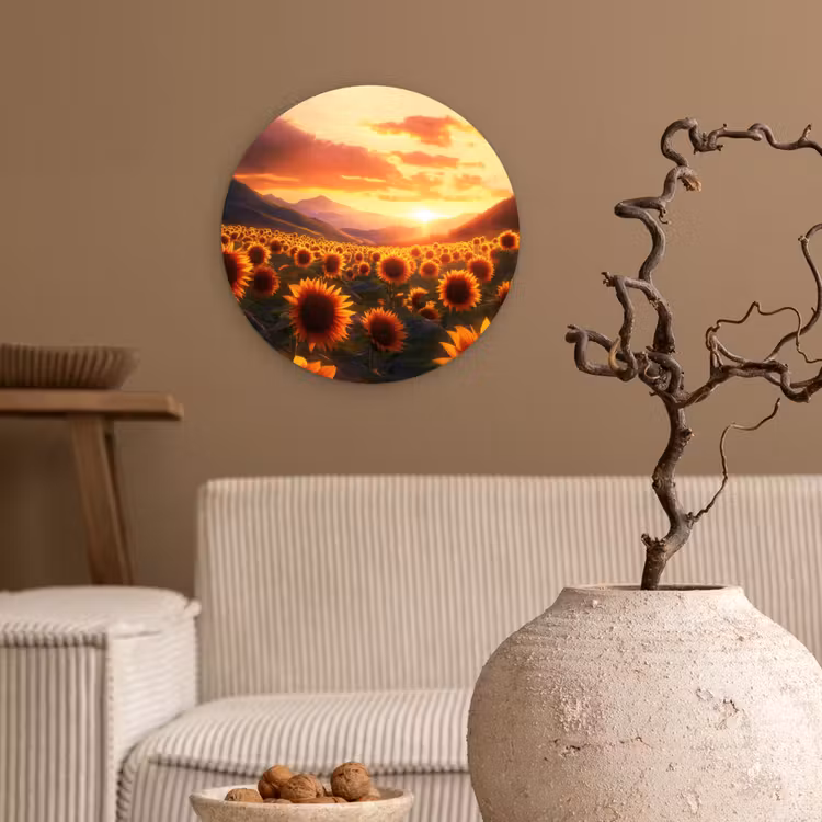 Zonnebloemen - Zonsondergang - Landschap Wandcirkel kunststof plaat 5mm dik klein -sfeer1