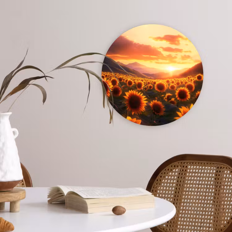 Zonnebloemen - Zonsondergang - Landschap Wandcirkel kunststof plaat 5mm dik klein -sfeer4