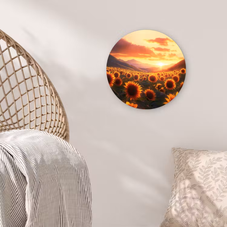 Zonnebloemen - Zonsondergang - Landschap Wandcirkel kunststof plaat 5mm dik klein -sfeer5
