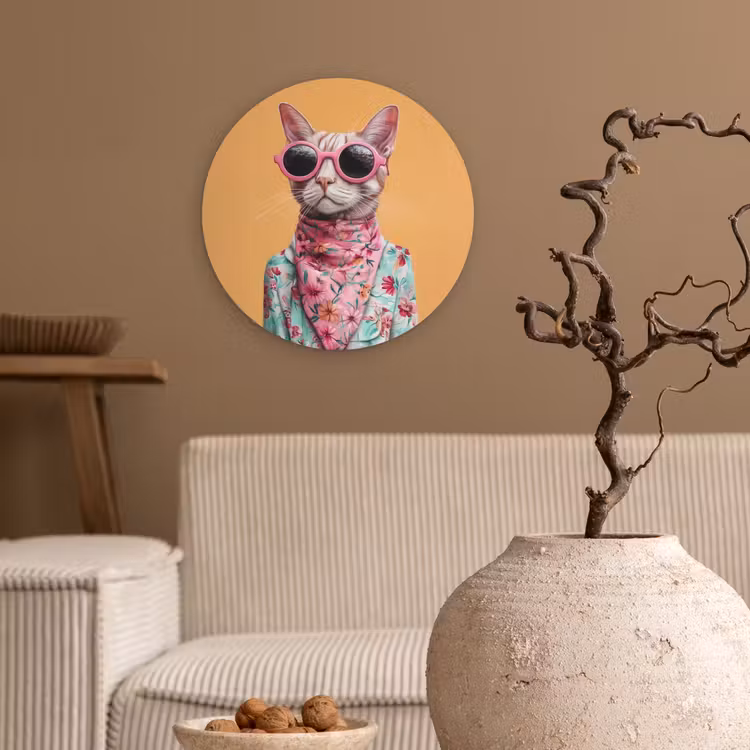 Zonnebril - Kat - Sjaal - Bloemen Wandcirkel kunststof plaat 5mm dik klein -sfeer1
