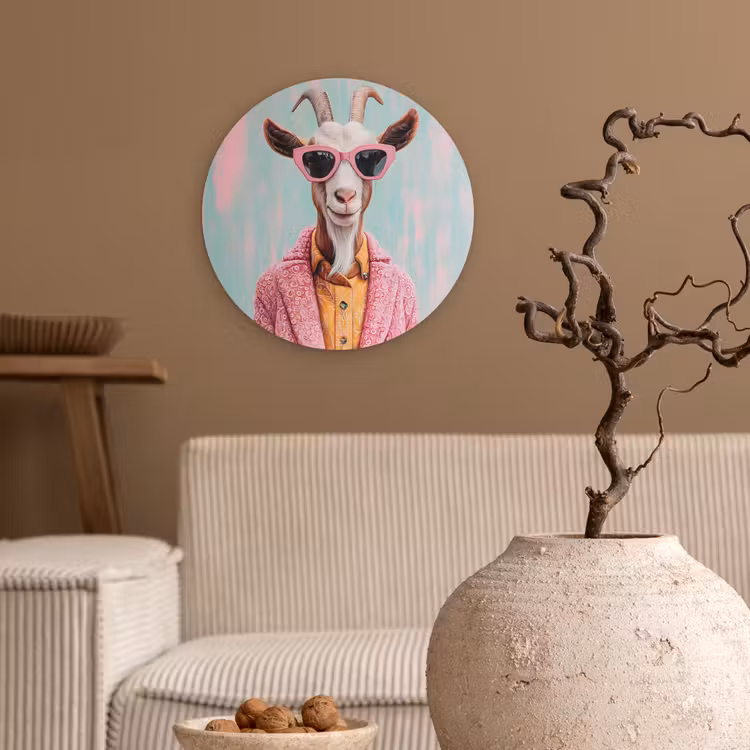 Zonnebril - Roze - Geit - Horen Wandcirkel kunststof plaat 5mm dik klein -sfeer1