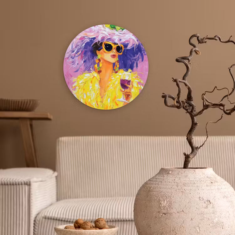 Zonnebril - Vrouw - Jas - Veren Wandcirkel kunststof plaat 5mm dik klein -sfeer1