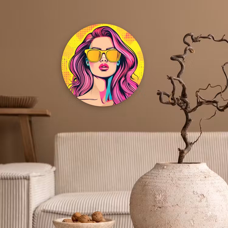 Zonnebril - Vrouw - Zonnig - Geel Wandcirkel kunststof plaat 5mm dik klein -sfeer1
