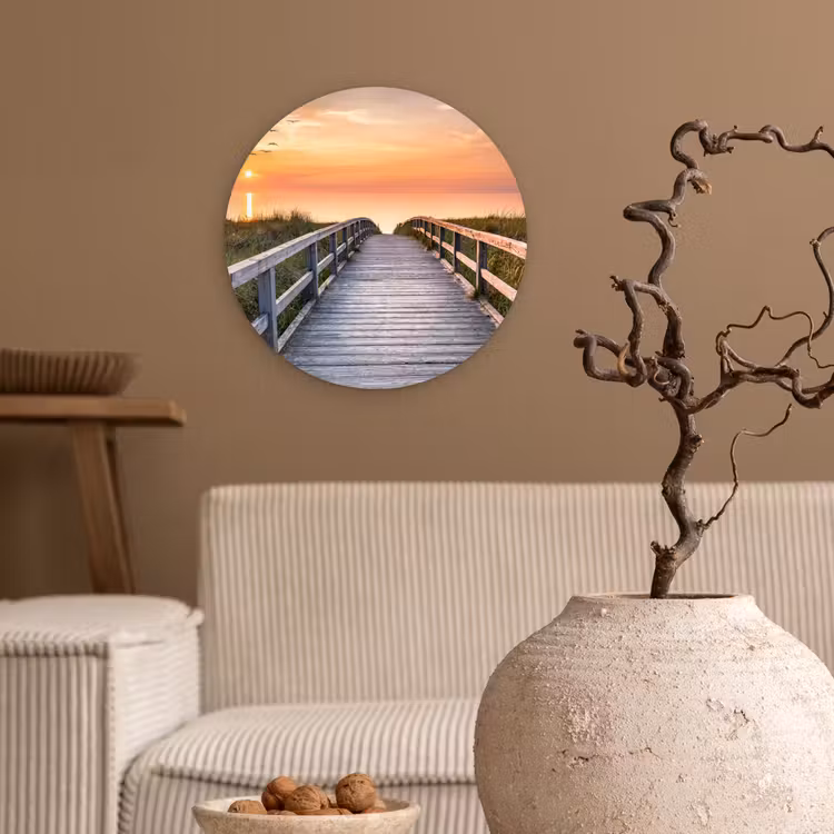 Zonsonderang - Zee - Pad - Gras - Duin - Vogels Wandcirkel kunststof plaat 5mm dik klein -sfeer1