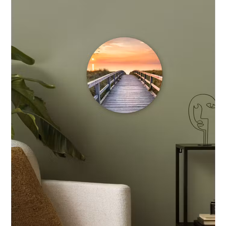 Zonsonderang - Zee - Pad - Gras - Duin - Vogels Wandcirkel kunststof plaat 5mm dik klein -sfeer3