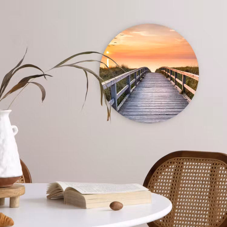 Zonsonderang - Zee - Pad - Gras - Duin - Vogels Wandcirkel kunststof plaat 5mm dik klein -sfeer4