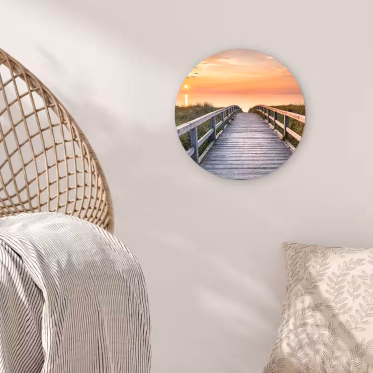 Zonsonderang - Zee - Pad - Gras - Duin - Vogels Wandcirkel kunststof plaat 5mm dik klein -sfeer5