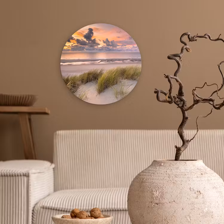 Zonsondergang - Duin - Strand - Planten - Zee Wandcirkel kunststof plaat 5mm dik klein -sfeer1