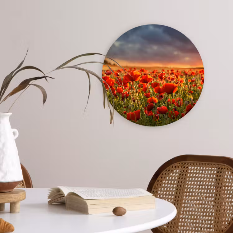 Zonsondergang - Klaprozen - Rood - Bloemen - Veld - Natuur Wandcirkel kunststof plaat 5mm dik klein -sfeer4