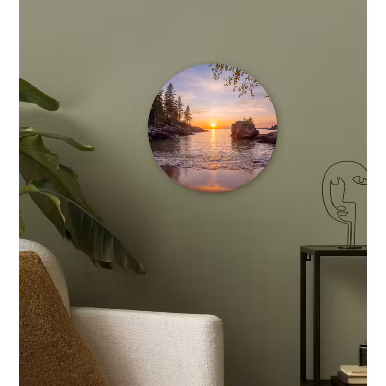 Zonsondergang - Kust - Water - Natuur - Oranje Wandcirkel kunststof plaat 5mm dik klein -sfeer3