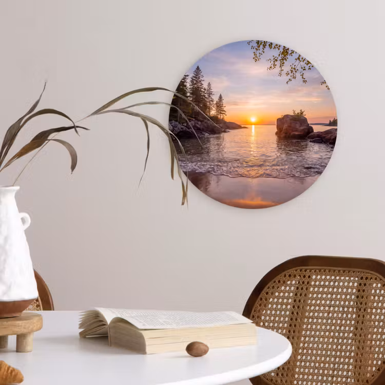 Zonsondergang - Kust - Water - Natuur - Oranje Wandcirkel kunststof plaat 5mm dik klein -sfeer4