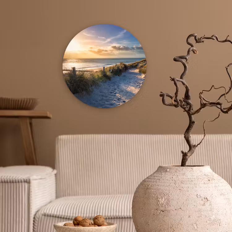 Zonsondergang - Strand - Duin - Gras - Bank Wandcirkel kunststof plaat 5mm dik klein -sfeer1