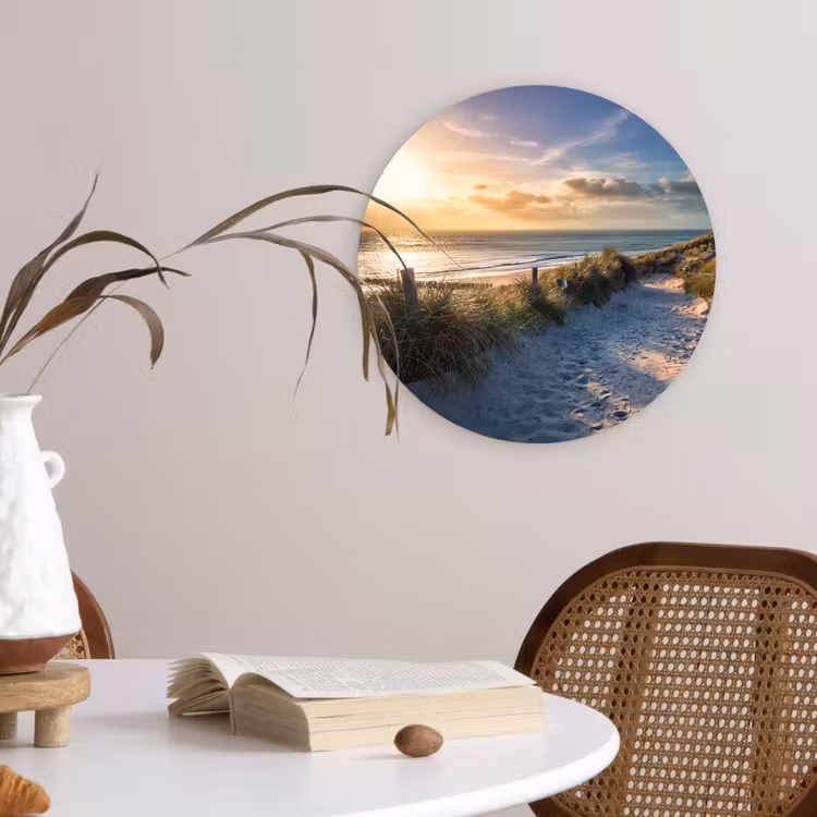 Zonsondergang - Strand - Duin - Gras - Bank Wandcirkel kunststof plaat 5mm dik klein -sfeer4