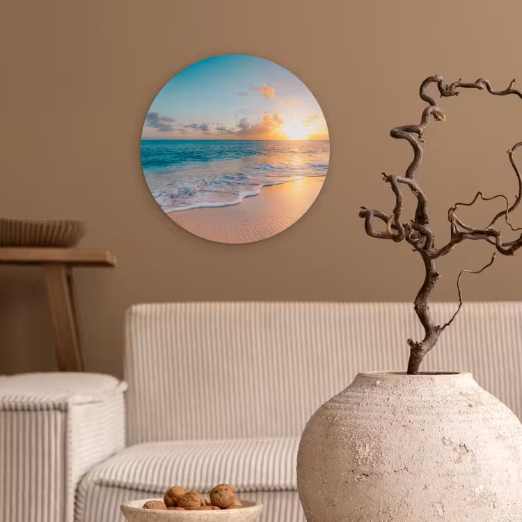 Zonsondergang - Strand - Zee - Zomer - Blauw Wandcirkel kunststof plaat 5mm dik klein -sfeer1