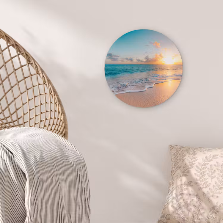 Zonsondergang - Strand - Zee - Zomer - Blauw Wandcirkel kunststof plaat 5mm dik klein -sfeer5