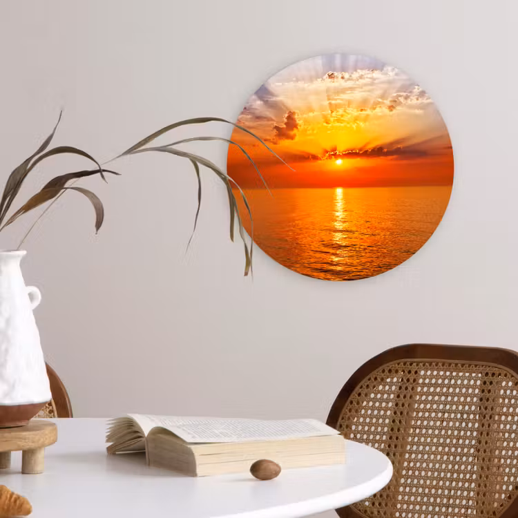 Zonsondergang - Zee - Lucht - Oranje - Horizon - Water Wandcirkel kunststof plaat 5mm dik klein -sfeer4
