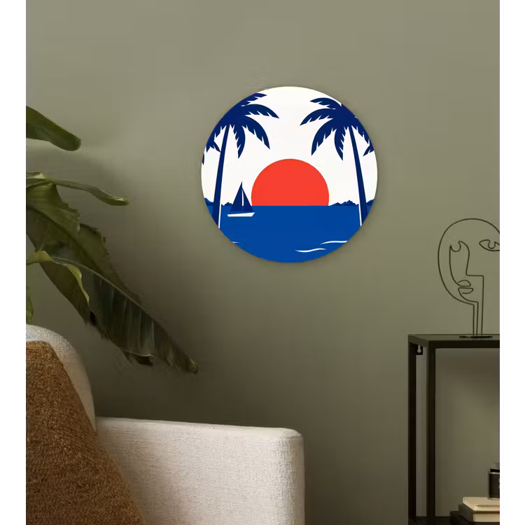 Zonsondergang - Zee - Palmboom - Tropisch - Modern Wandcirkel kunststof plaat 5mm dik klein -sfeer3