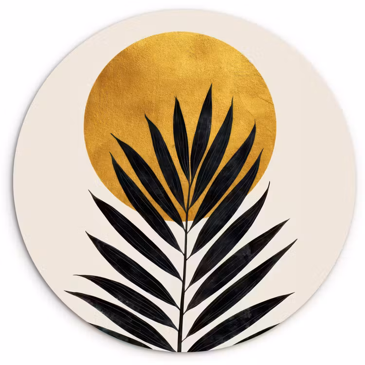Zwart palmblad - Gouden cirkel - Beige achtergrond Wandcirkel kunststof plaat 5mm dik klein -3d
