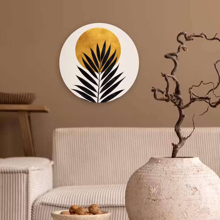 Zwart palmblad - Gouden cirkel - Beige achtergrond Wandcirkel kunststof plaat 5mm dik klein -sfeer1