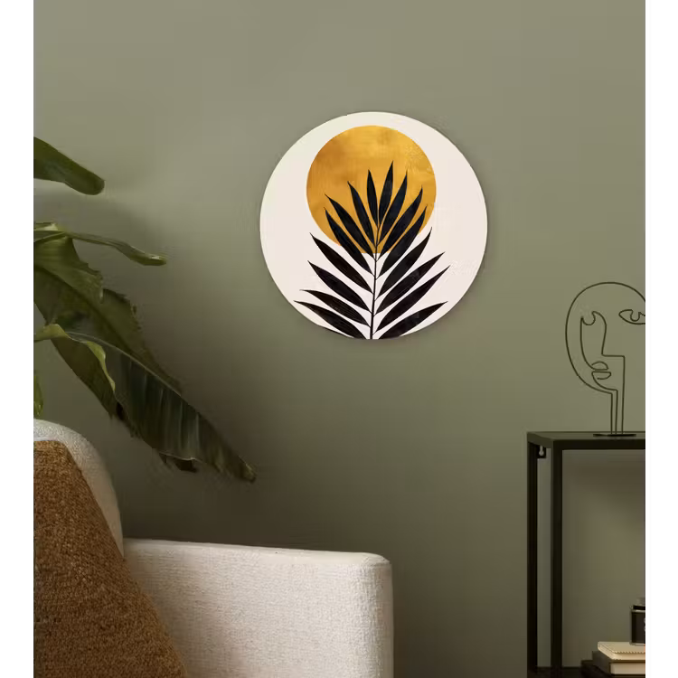 Zwart palmblad - Gouden cirkel - Beige achtergrond Wandcirkel kunststof plaat 5mm dik klein -sfeer3