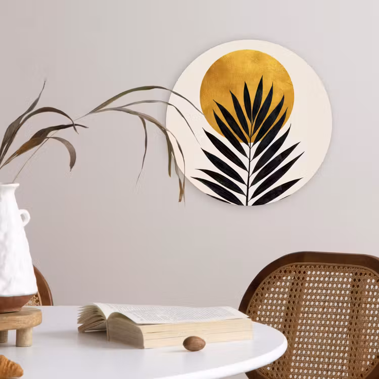 Zwart palmblad - Gouden cirkel - Beige achtergrond Wandcirkel kunststof plaat 5mm dik klein -sfeer4