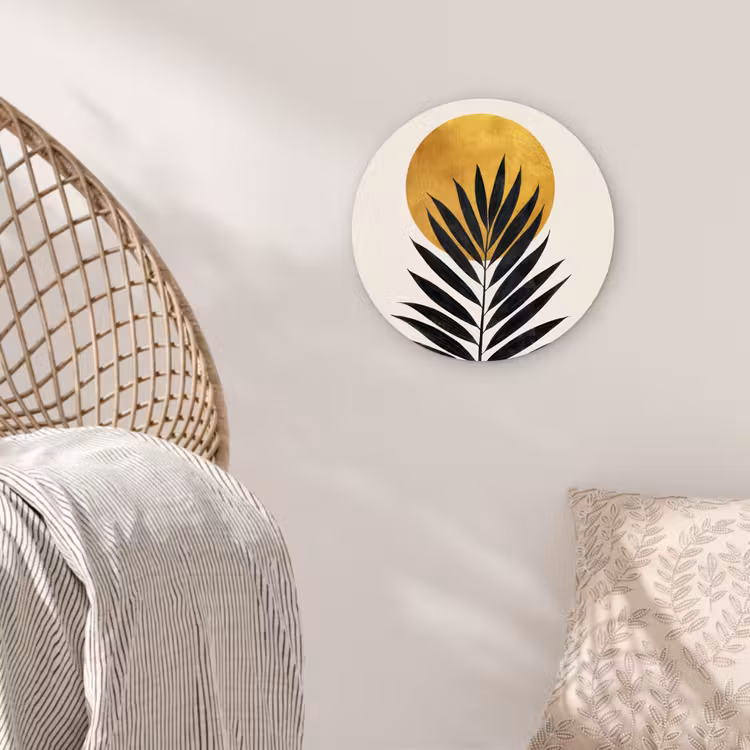 Zwart palmblad - Gouden cirkel - Beige achtergrond Wandcirkel kunststof plaat 5mm dik klein -sfeer5