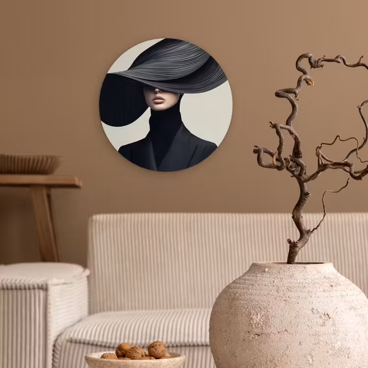 Zwart - Vrouw - Hoed Wandcirkel kunststof plaat 5mm dik klein -sfeer1
