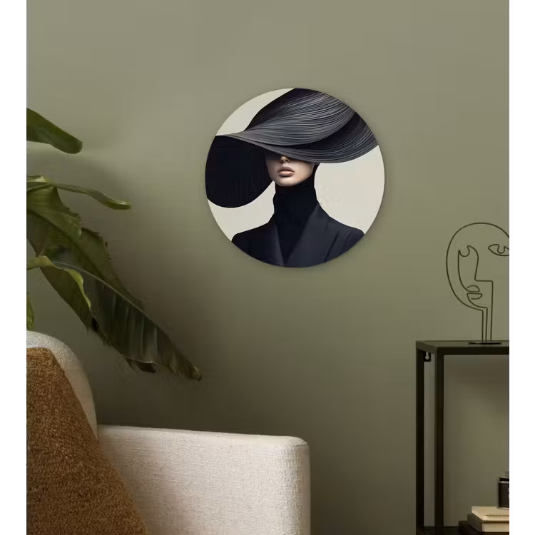 Zwart - Vrouw - Hoed Wandcirkel kunststof plaat 5mm dik klein -sfeer3