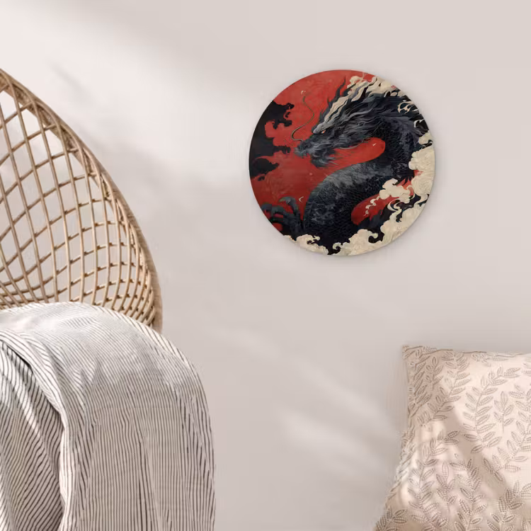 Zwarte draak - Rookwolken - Rood Wandcirkel kunststof plaat 5mm dik klein -sfeer5