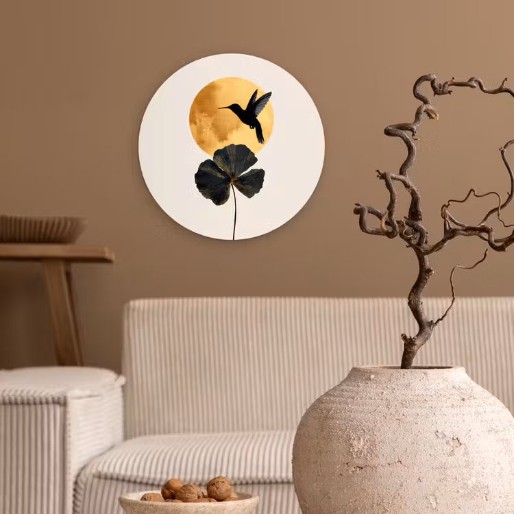 Zwarte kolibrie - Bloem - Gouden cirkel Wandcirkel kunststof plaat 5mm dik klein -sfeer1