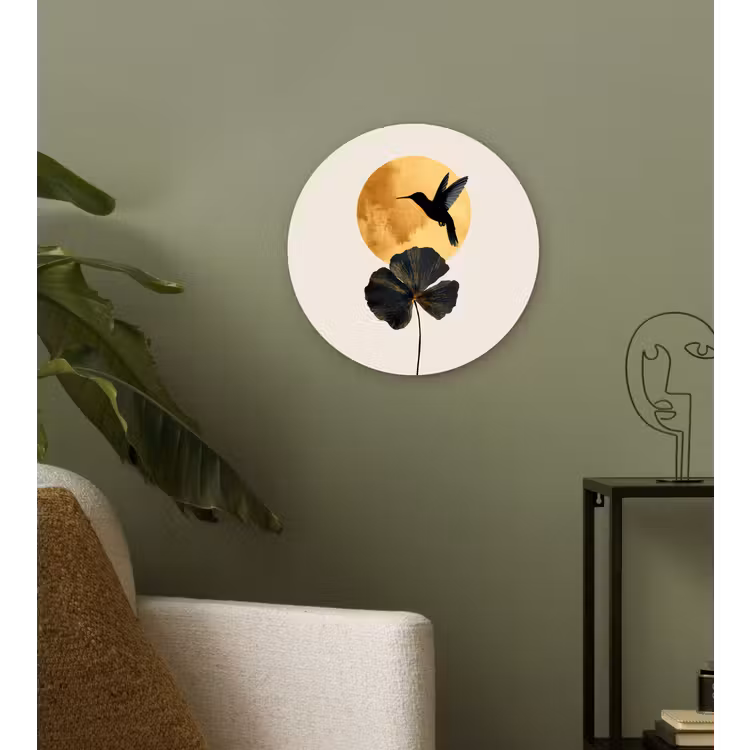 Zwarte kolibrie - Bloem - Gouden cirkel Wandcirkel kunststof plaat 5mm dik klein -sfeer3