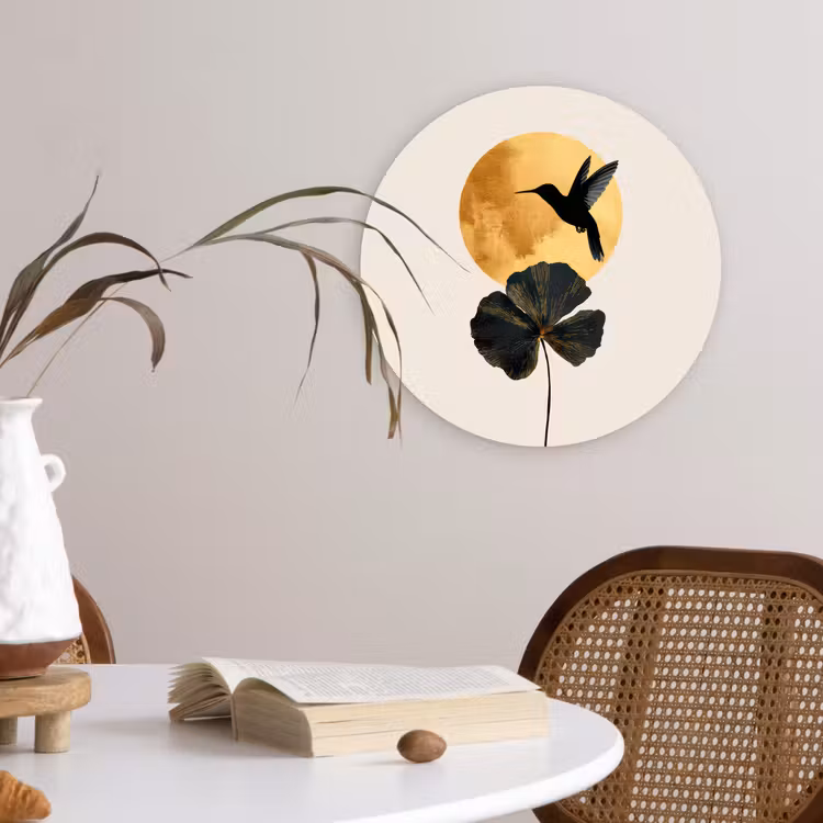 Zwarte kolibrie - Bloem - Gouden cirkel Wandcirkel kunststof plaat 5mm dik klein -sfeer4