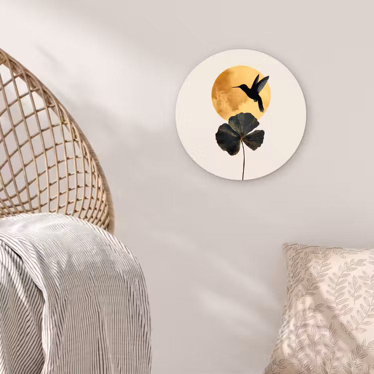 Zwarte kolibrie - Bloem - Gouden cirkel Wandcirkel kunststof plaat 5mm dik klein -sfeer5