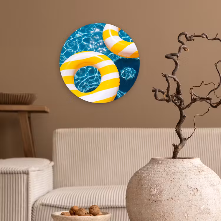 Zwembad - Zwembanden - Zomer - Geel - Blauw Wandcirkel kunststof plaat 5mm dik klein -sfeer1