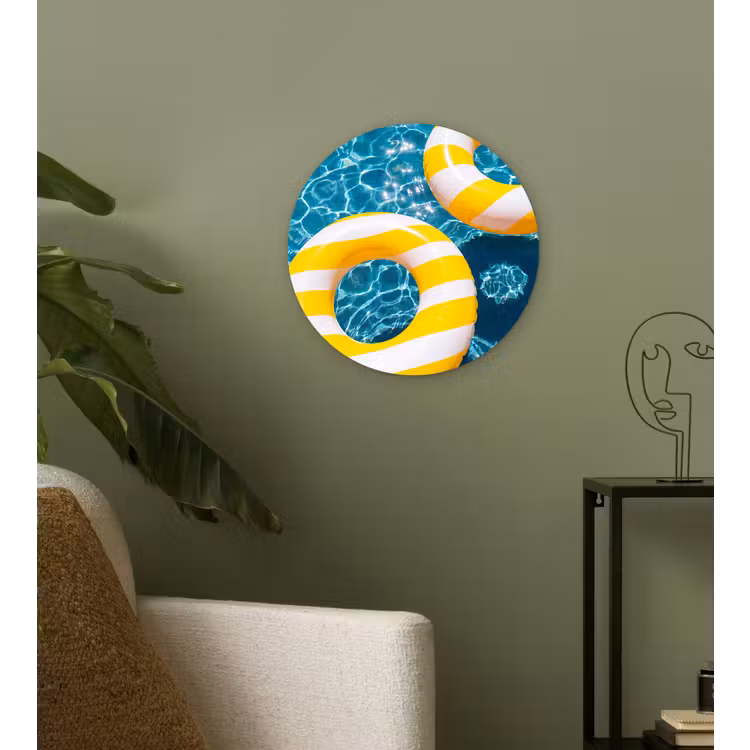 Zwembad - Zwembanden - Zomer - Geel - Blauw Wandcirkel kunststof plaat 5mm dik klein -sfeer3
