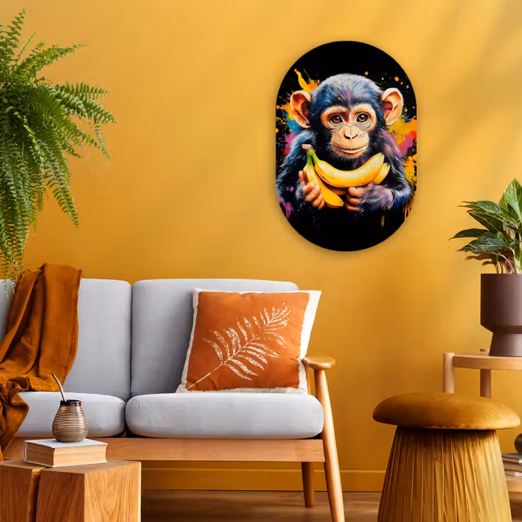 Aap - Graffiti - Kleurrijk - Bananen - Modern Wandcirkel Ovaal Forex klein -sfeer4