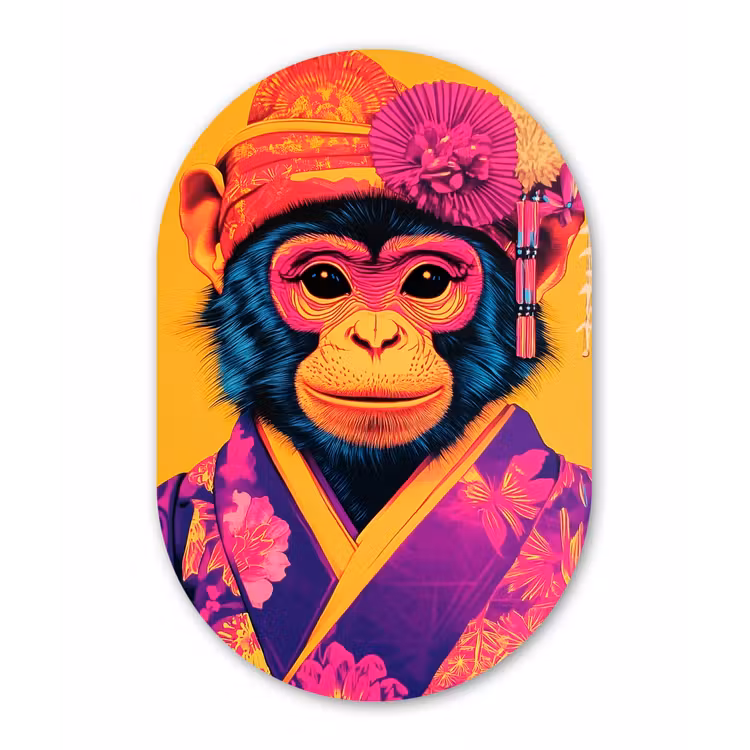 Aap - Kimono - Bloemen - Hoofdtooi Wandcirkel Ovaal Forex klein -3d