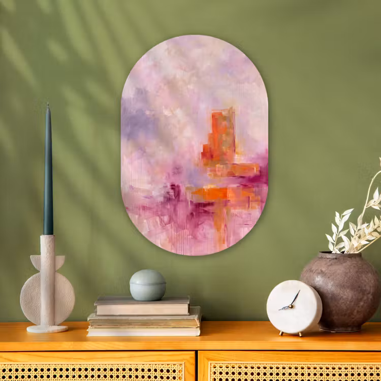 Abstract - Borstelstreken - Kunst - Paars - Goud Wandcirkel Ovaal Forex klein -sfeer2