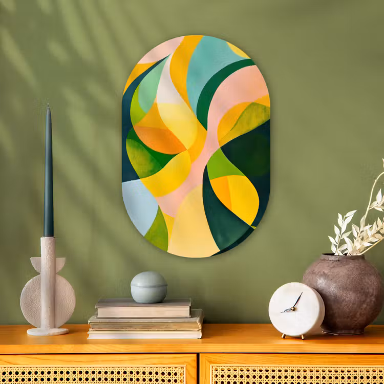 Abstract - Geel - Roze - Groen Wandcirkel Ovaal Forex klein -sfeer2
