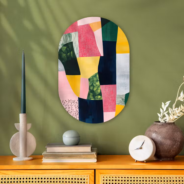 Abstract - Roze - Lappen - Vormen - Geel Wandcirkel Ovaal Forex klein -sfeer2