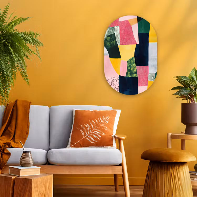Abstract - Roze - Lappen - Vormen - Geel Wandcirkel Ovaal Forex klein -sfeer4