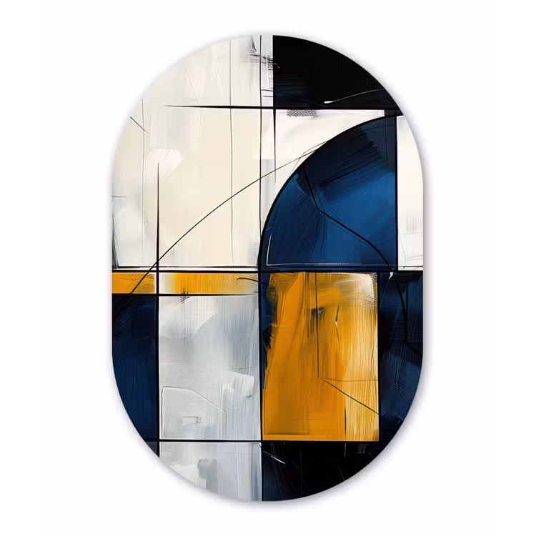 Abstract - Vormen - Goud - Blauw - Geometrisch Wandcirkel Ovaal Forex klein -3d