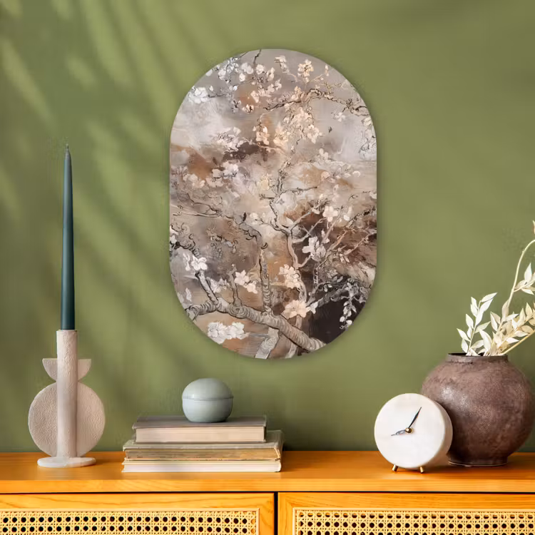 Amandelbloesem - Kunst - Van Gogh - Beige - Abstract Wandcirkel Ovaal Forex klein -sfeer2