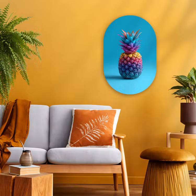 Ananas - Regenboog - Blauw - Popart Wandcirkel Ovaal Forex klein -sfeer4