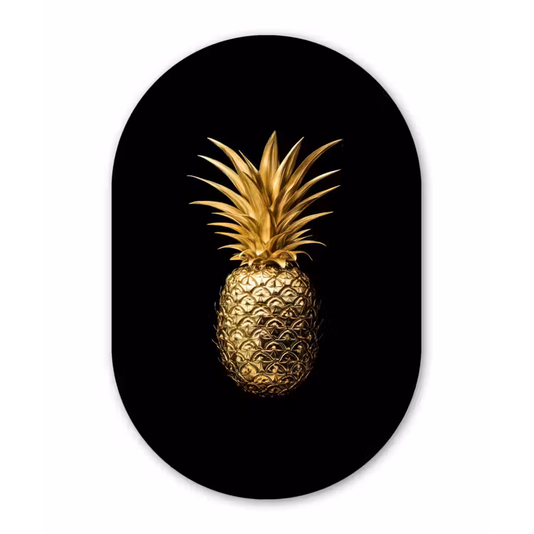 Ananas - Zwart - Goud - Luxe Wandcirkel Ovaal Forex klein -3d