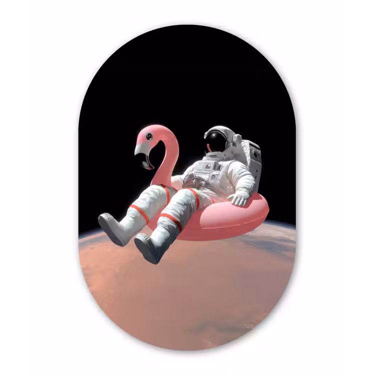 Astronaut - Flamingo - Zwemband - Roze Wandcirkel Ovaal Forex klein -3d
