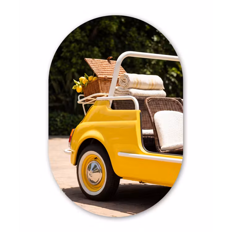 Auto - Picknick - Zomer - Geel Wandcirkel Ovaal Forex klein -3d