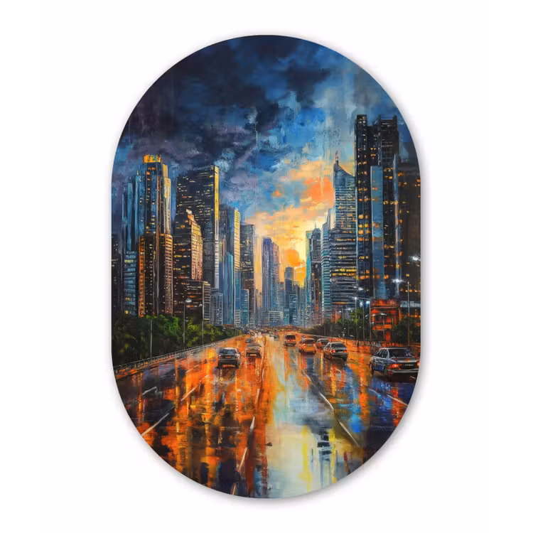 Auto - Skyline - Zon - Blauw Wandcirkel Ovaal Forex klein -3d