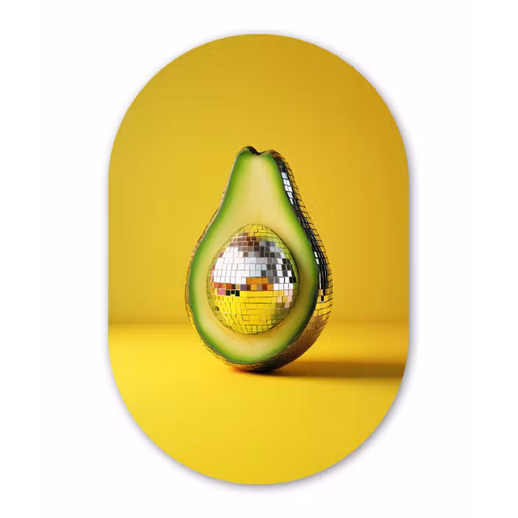Avocado - Discobal - Geel - Glitter Wandcirkel Ovaal Forex klein -3d
