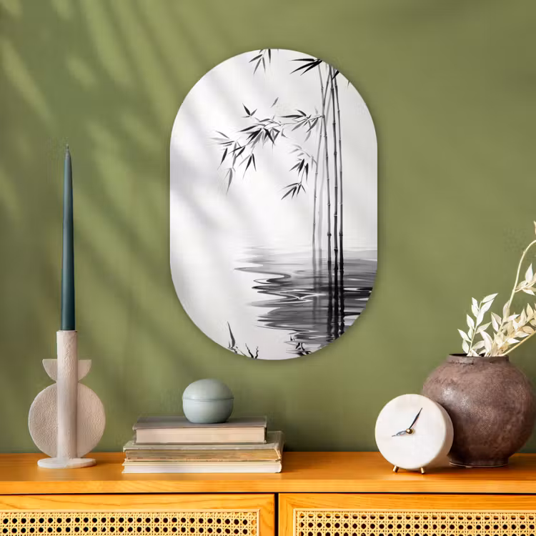 Bamboestammen - Water - Minimalistisch - Wit Wandcirkel Ovaal Forex klein -sfeer2